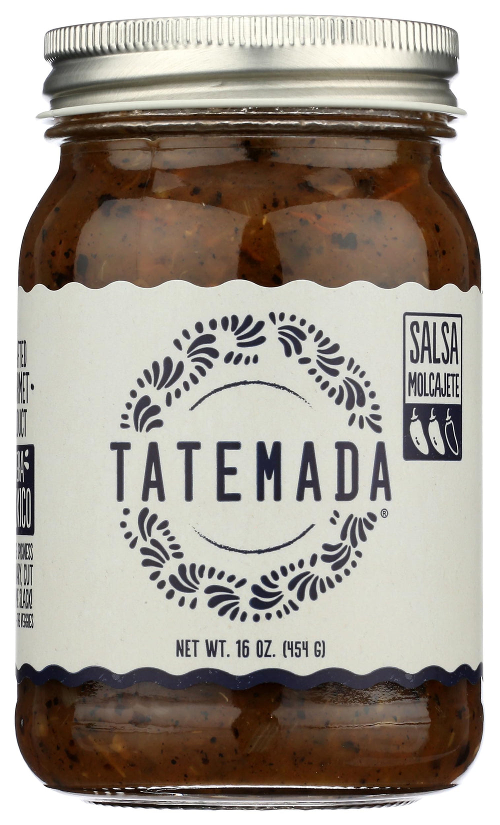 Tatemada Salsa Molcajete 16oz bottle front displaying premium, versatile dip for gatherings.