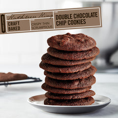 Tate's Bake Shop Double Chocolate Chip Cookies on a serving tray with milk