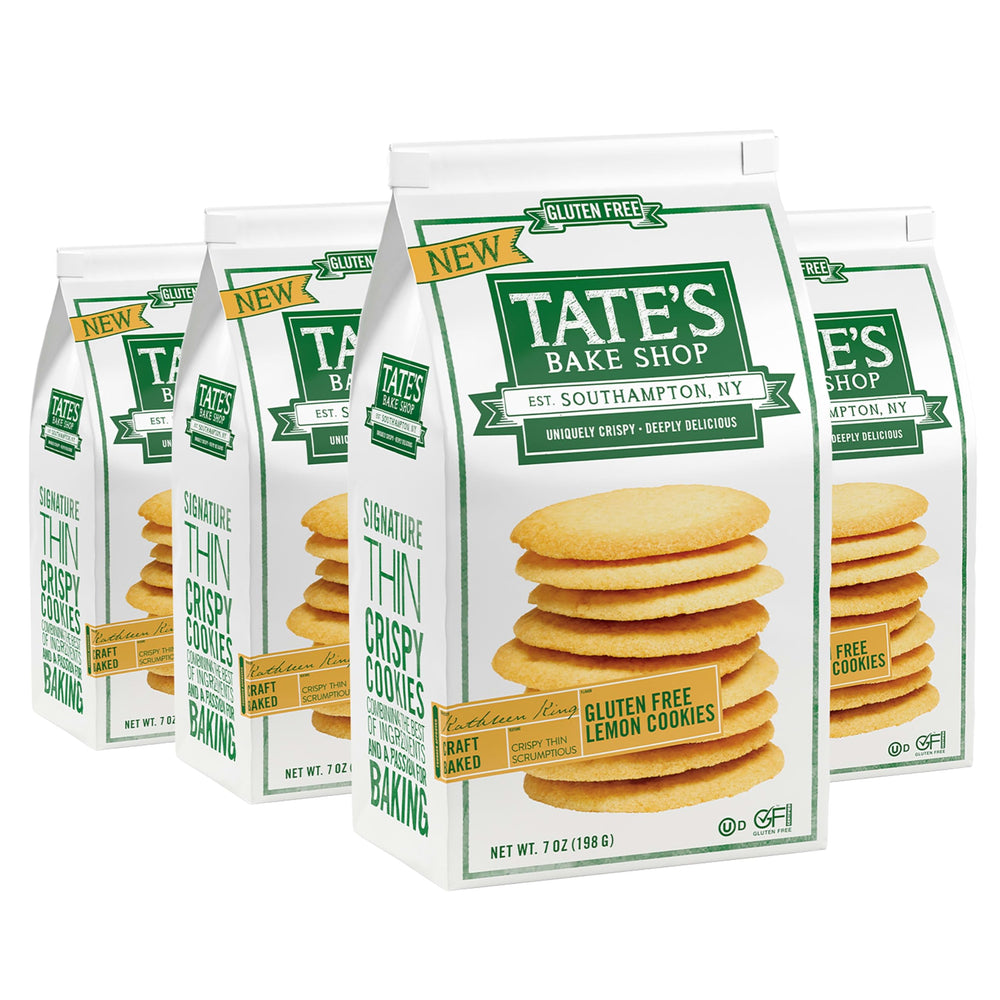 Tate's Bake Shop gluten-free lemon cookies packaging shows resealable freshness.