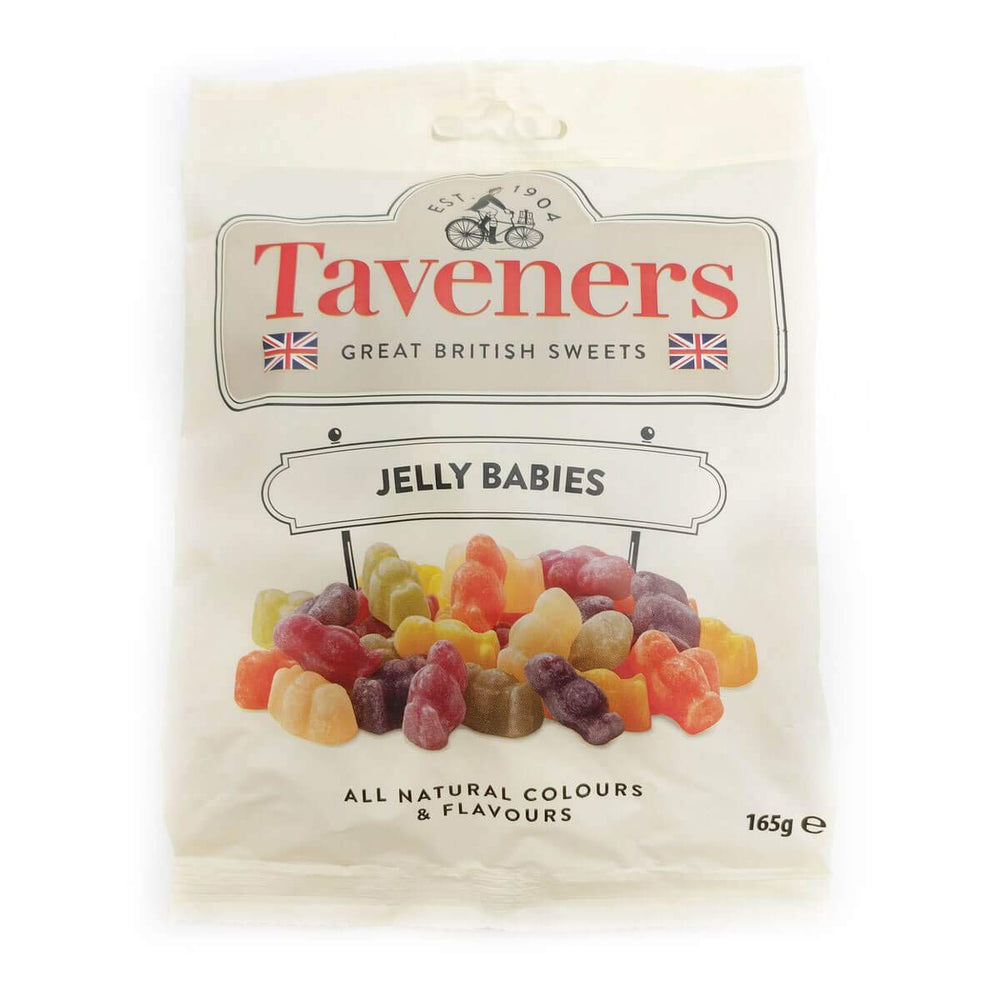 Taveners Jelly Babies colorful assortment with soft texture, ideal for gifting or tea-time moments.