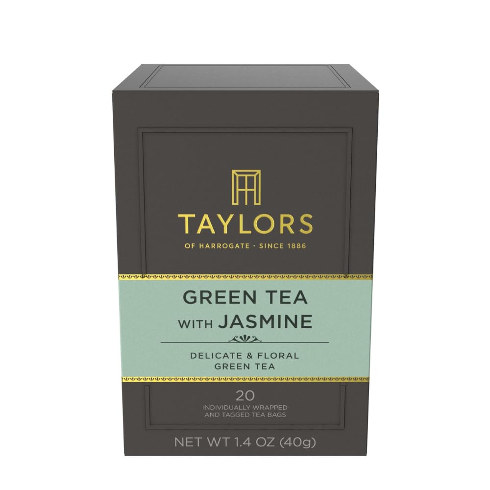 Taylors of Harrogate green tea with jasmine tea bags, delicate floral infusion.