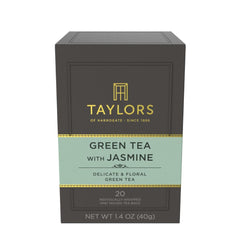 Taylors of Harrogate green tea with jasmine tea bags, delicate floral infusion.