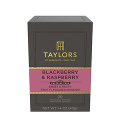 Taylors of Harrogate Blackberry and Raspberry tea bags ready to brew a fruity infusion.