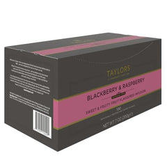 Hot cup of Taylors of Harrogate Blackberry & Raspberry herbal tea, inviting and flavorful.