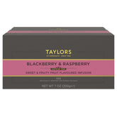 Packaging of Taylors of Harrogate Blackberry & Raspberry tea showing a caffeine-free fruity infusion.