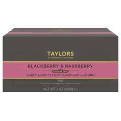 Packaging of Taylors of Harrogate Blackberry & Raspberry tea showing a caffeine-free fruity infusion.