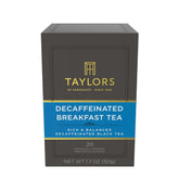 Taylors of Harrogate Decaffeinated Breakfast Tea packaging ready for daily use.