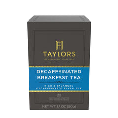 Taylors of Harrogate Decaffeinated Breakfast Tea packaging ready for daily use.