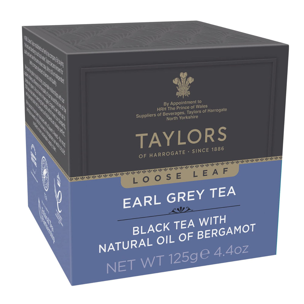 Taylors of Harrogate Earl Grey loose leaf tea in a tin, aromatic and refined.