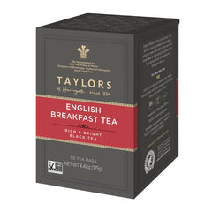 Taylors of Harrogate English Breakfast pack shot shows convenient pillow tea bags for everyday tea.