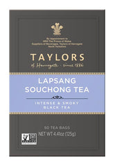 Packaging box of Taylors of Harrogate Lapsang Souchong signals premium black tea