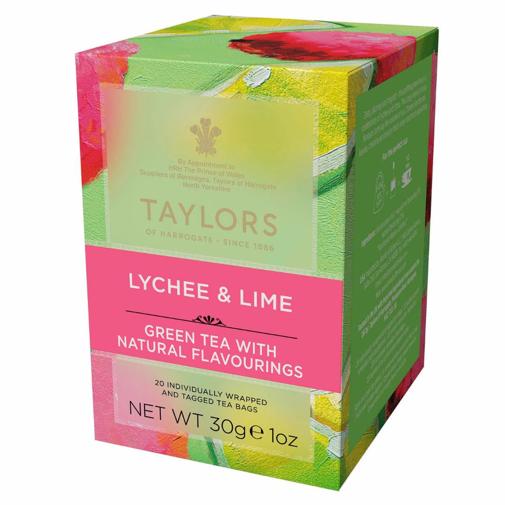 Taylors of Harrogate Lychee & Lime green tea bags offer a refreshing fruit aroma for daily cups.