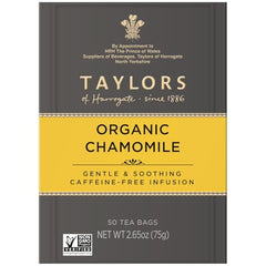 Taylors of Harrogate chamomile tea in a cup, caffeine-free comfort for hot or iced enjoyment.