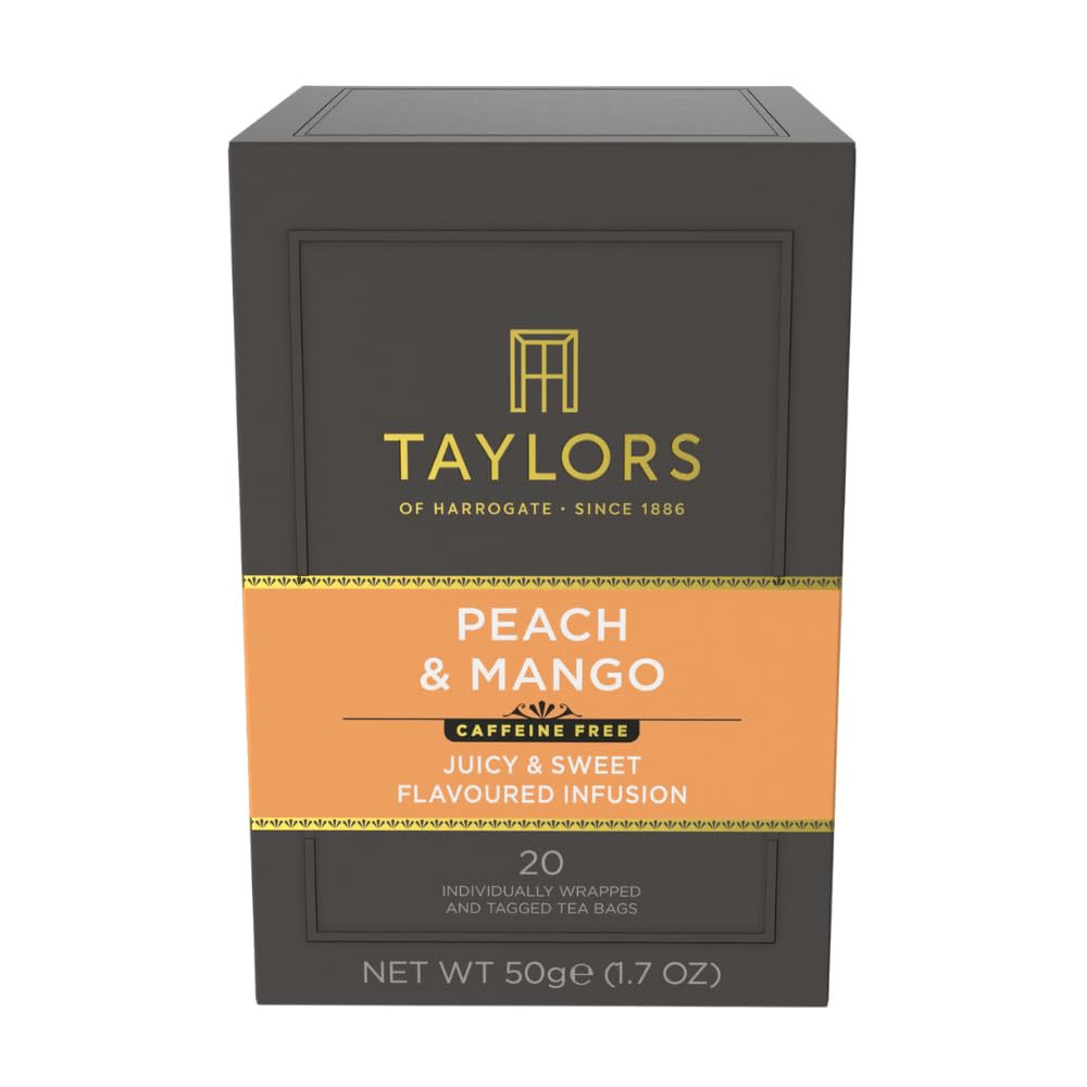 Taylors of Harrogate Peach & Mango tea in cup, fragrant infusion ideal for afternoon refreshment