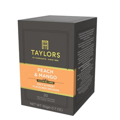 Packaging tin for Taylors of Harrogate Peach & Mango tea, elegant caffeine-free blend
