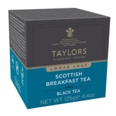Taylors of Harrogate Scottish Breakfast loose leaf tea pack showing premium packaging and a bold morning flavor