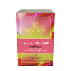 Taylors of Harrogate Sweet Rhubarb tea bags in a box for convenient, caffeine-free sipping.