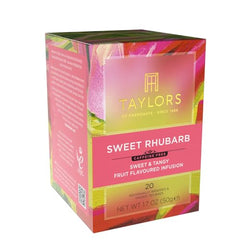 Brewing Taylors of Harrogate Sweet Rhubarb tea in a hot cup for a tangy infusion.