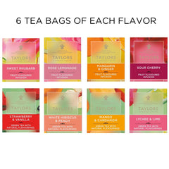 Taylors of Harrogate individually wrapped tea bags with tags maintain freshness at home or office.
