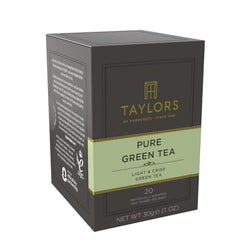 Display of 20 individually wrapped Taylors green tea bags.