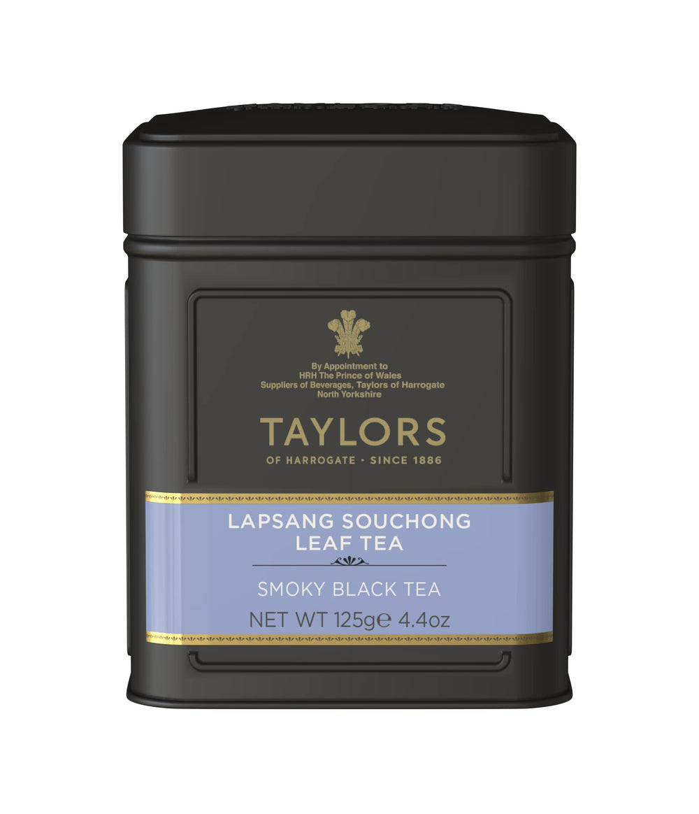 Taylors Lapsang Souchong loose-leaf tea in tin, rich smoky aroma