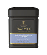 Taylors Lapsang Souchong loose-leaf tea in tin, rich smoky aroma