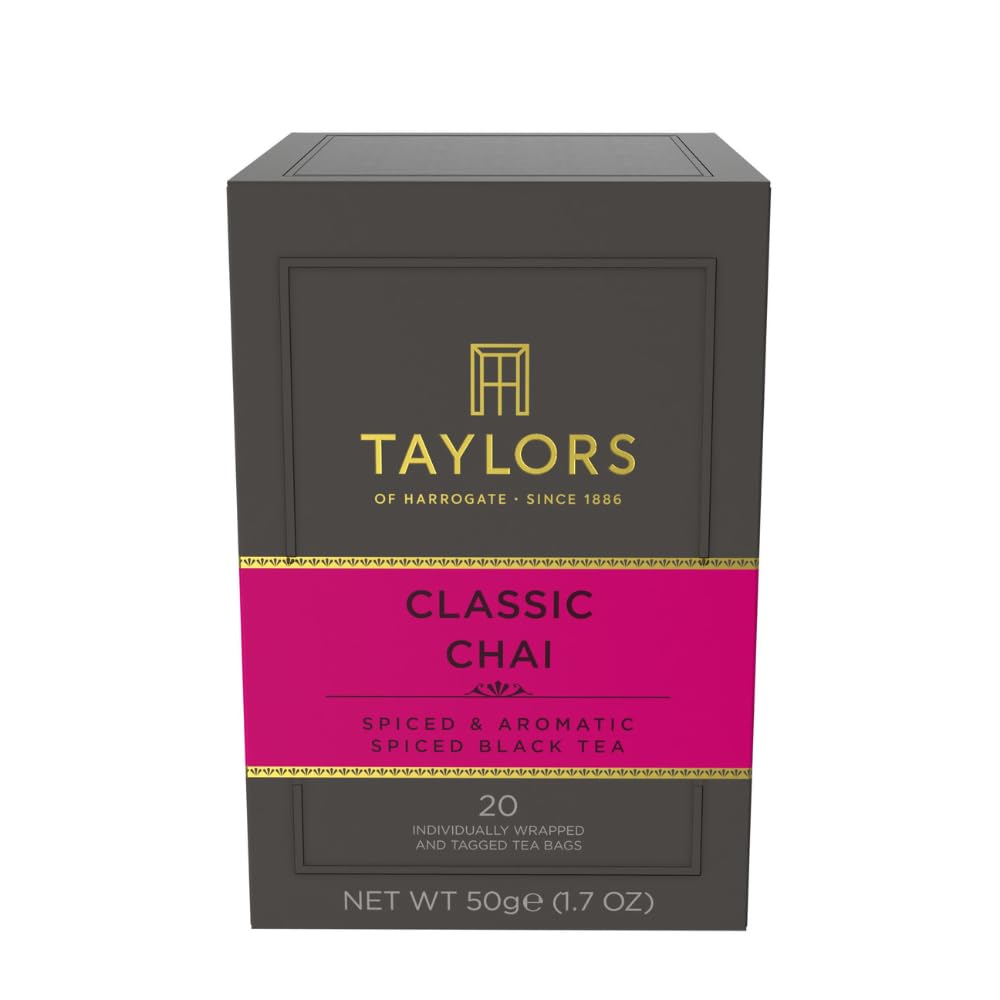 Taylors of Harrogate classic chai tea bags in a box for easy brewing.
