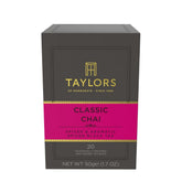 Taylors of Harrogate classic chai tea bags in a box for easy brewing.