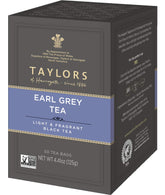 Taylors of Harrogate Earl Grey tea box, premium blend with bergamot aroma for refined tea.