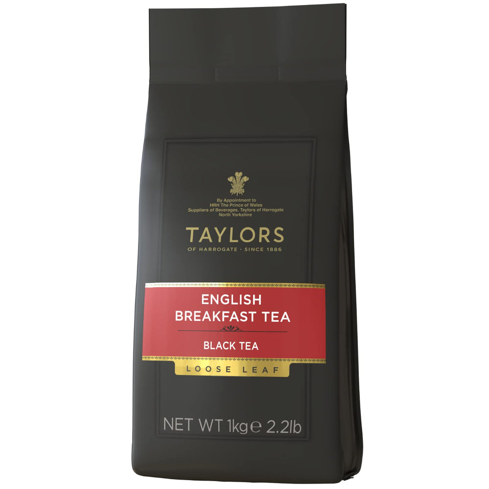 Taylors of Harrogate English Breakfast loose-leaf tea in a 1kg bag, rich and full-bodied.