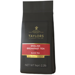 Taylors of Harrogate English Breakfast loose-leaf tea in a 1kg bag, rich and full-bodied.