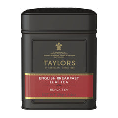 Taylors of Harrogate English Breakfast tin front with elegant black and gold packaging.