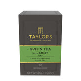 Taylors of Harrogate Green Tea with Mint bag closeup for a refreshing brew.