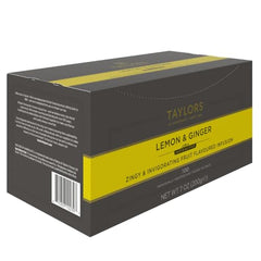 Taylors of Harrogate Lemon Ginger tea bags packaging display ready for gifting or stocking a cupboard.