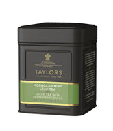Taylors of Harrogate Moroccan Mint loose-leaf tea in a tin, refreshingly balanced green tea and peppermint.
