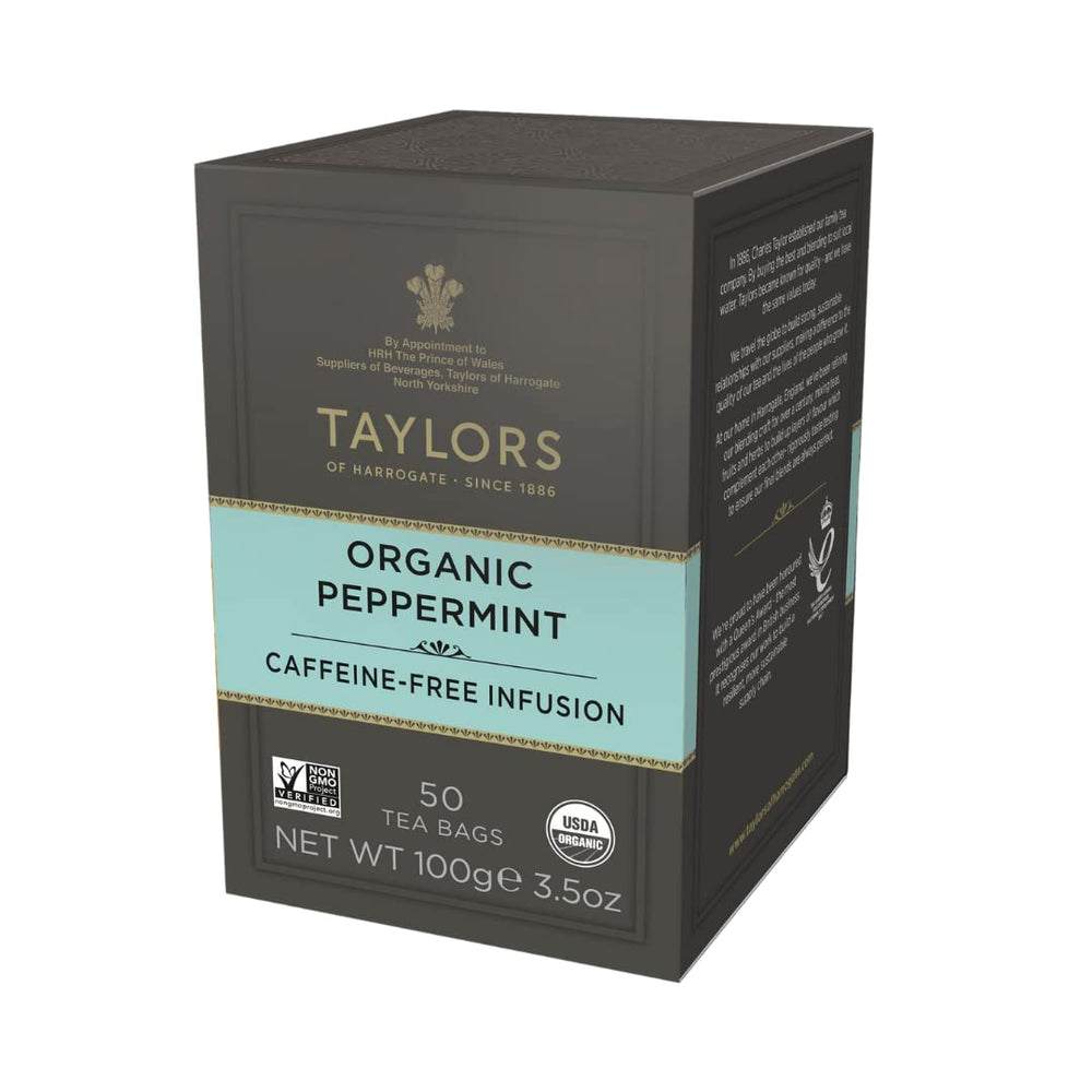 Taylors of Harrogate organic peppermint tea bag in display for a fresh caffeine-free moment