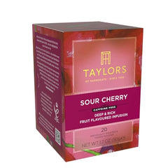 Steeping cup shows Taylors of Harrogate Sour Cherry infusion with deep cherry aroma