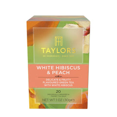 Taylors of Harrogate white hibiscus peach tea bags packaging for quick brew.