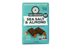 Taza Amaze Bar 80% sea salt almond packaging highlights premium organic chocolate
