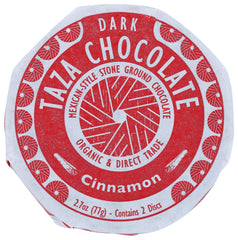 Taza Chocolate Organic Mexicano Disc 50% Cinnamon packaging shot; vegan and gluten-free.