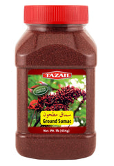 Tazah Sumac Spice 16oz jar on kitchen counter for authentic Jordanian flavor.