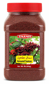 Tazah Sumac Spice jar front view highlighting authentic citrusy tang for dressings.