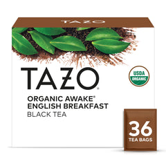 TAZO Organic Awake English Breakfast tea bags ready for a bold morning boost.