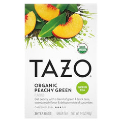 TAZO Organic Peachy Green Tea fresh peaches and tea leaves close-up aroma