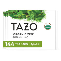 TAZO Organic Zen Green Tea bag close-up highlighting a crisp, refreshing blend