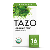 TAZO Organic Zen Green Tea box front highlights a calming, caffeinated blend for a bright start.