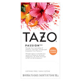 TAZO Passion Herbal Tea box front highlighting caffeine-free tropical blend.
