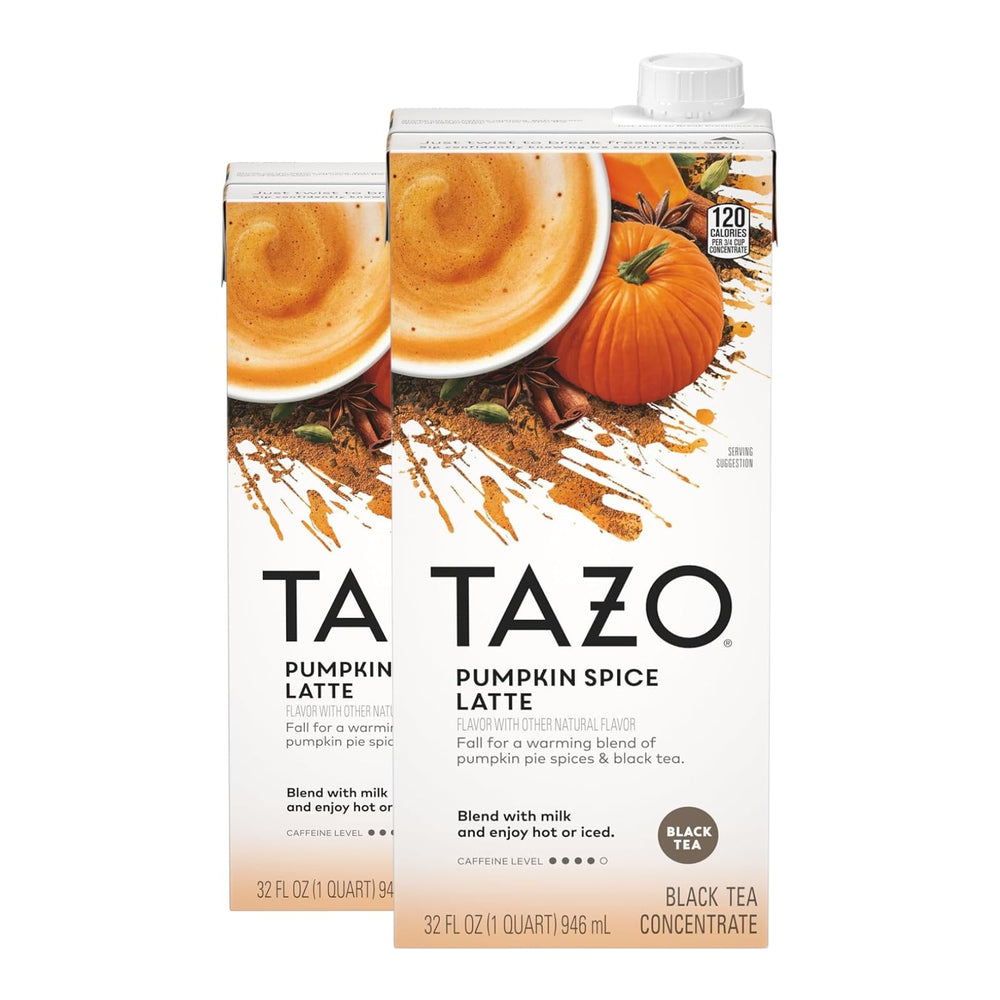 TAZO Pumpkin Spice Latte Concentrate bottle for cozy autumn drinks at home.