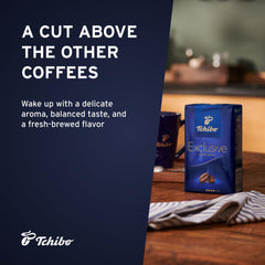 Tchibo Exclusive premium ground coffee bags highlighted for consistent grind.