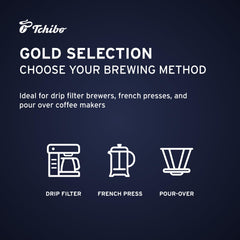 Tchibo Gold Selection brew steaming cup suggests rich aroma and flavor.